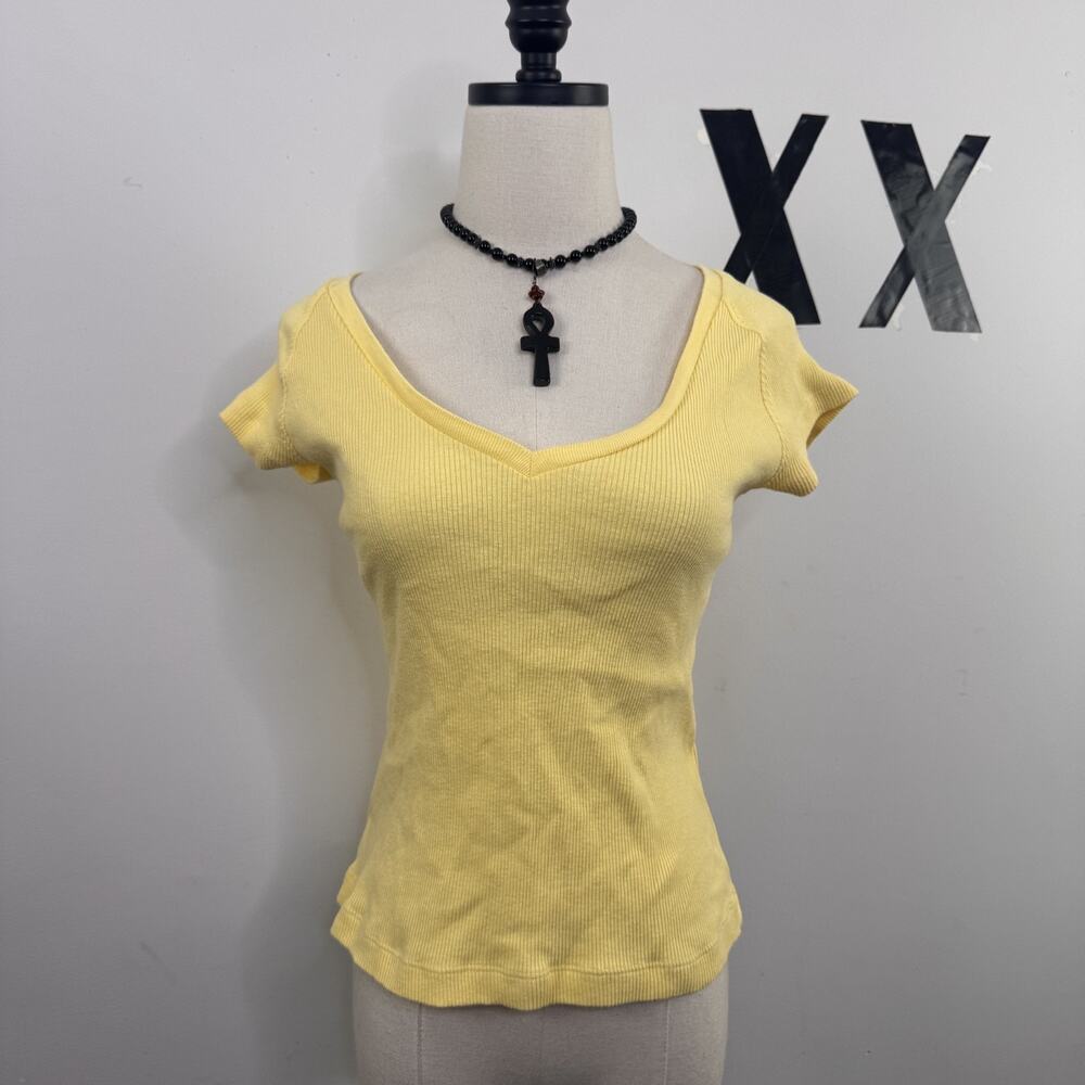 Vintage Y2K Yellow Ribbed Cotton Cap Sleeve Top Fitted Indie Minimal L